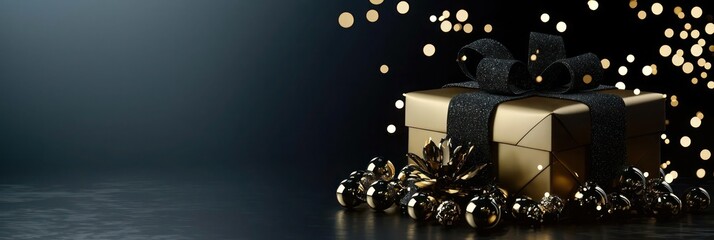Black and gold Christmas present emerging from negative space, stylish and simple