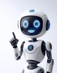 Cute AI robot pointing copy space beside her with smile and happy feeling on white