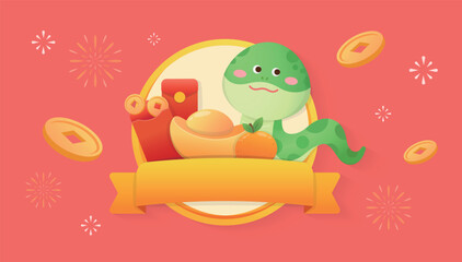 Red Chinese New Year poster with snake mascot and golden ribbon with template