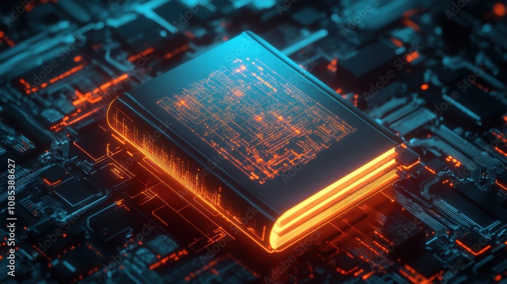 Poster a futuristic glowing book surrounded by digital circuit patterns, symbolizing the integration of lit