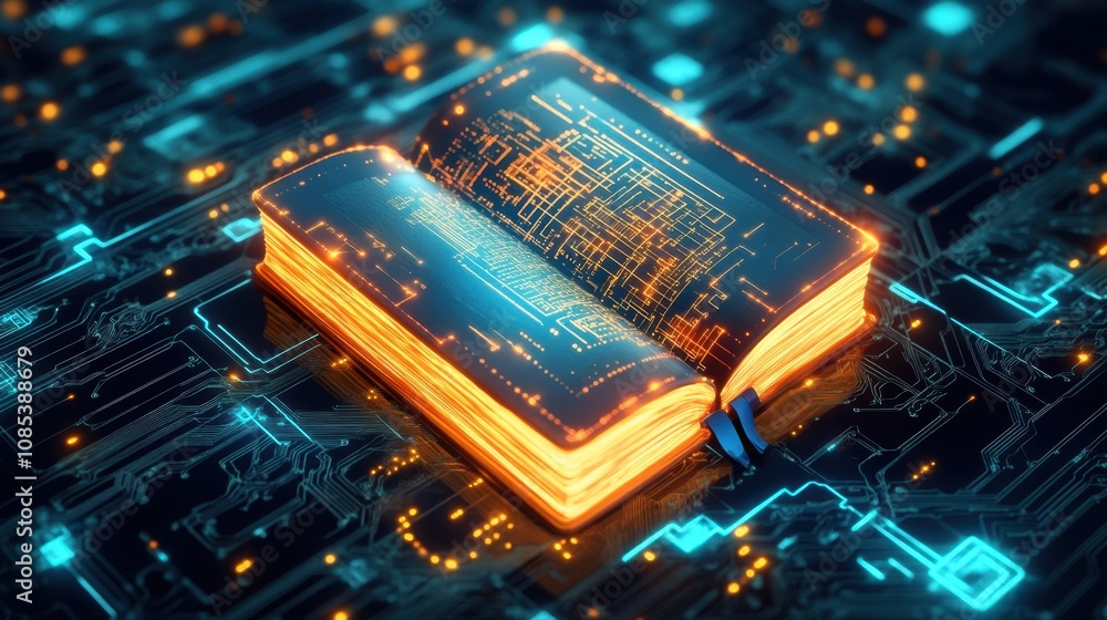 Poster a futuristic glowing book surrounded by digital circuit patterns, symbolizing the integration of lit