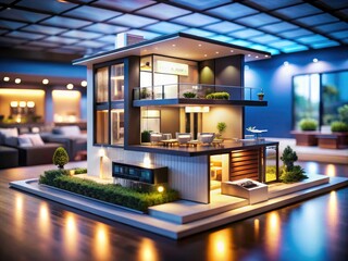 Illuminated Miniature Smart Home Model Display with Copy Space for Home Automation, Modern Living, and Smart Technology Visuals