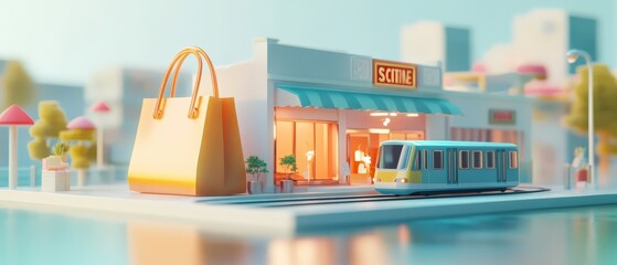 Fototapeta premium Miniature Shopfront: A charming miniature diorama of a vibrant shop with a shopping bag in the foreground, a train passing by, and a soft, dreamy cityscape in the background.