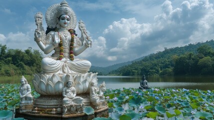 Fototapeta premium Lakshmi Statue Amidst a Serene Lake
