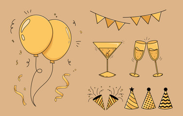 New Year Party Elements Hand-drawn. Balloons, Champagne Glasses, Party Hats, Confetti & Bunting Vector Illustration. Perfect for holiday invitations, greeting cards, or celebration designs.
