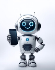 AI robot holding phone and showing on white screen of phone with smile and happy feeling on white