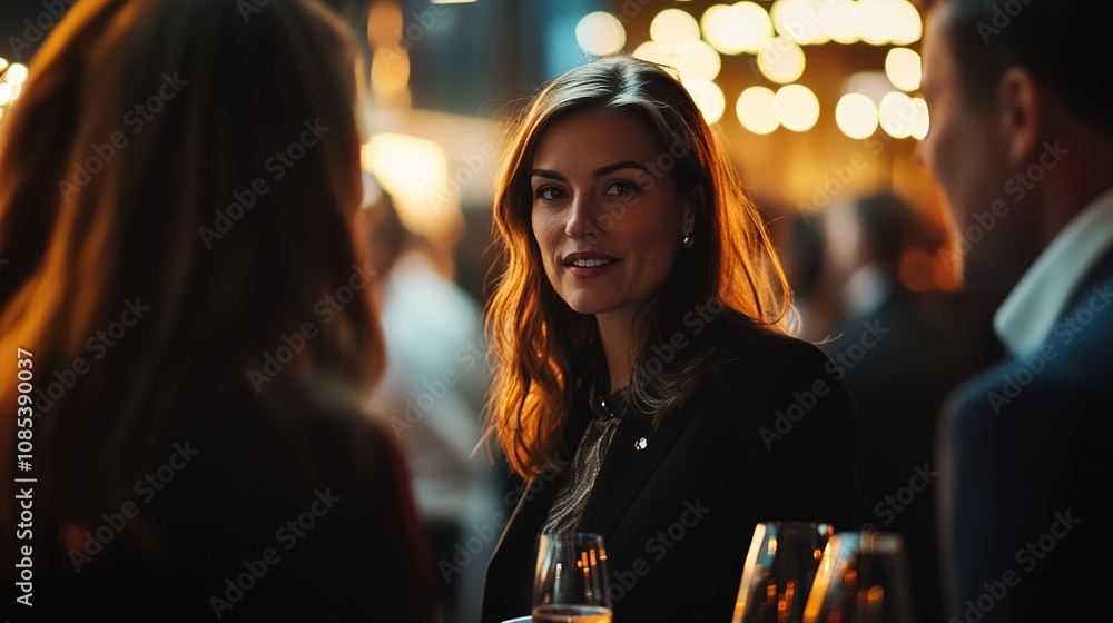 Poster elegant woman networking at a social event with soft lighting and a warm atmosphere surrounded by gu
