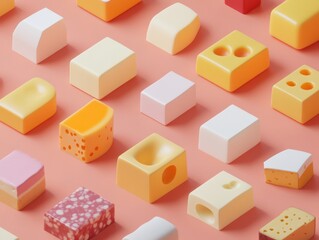 Fototapeta premium Cheese Variety Pack: A delightful array of cheese types and shapes, meticulously arranged on a coral background. A feast for the eyes, perfect for food blogs, packaging, and culinary projects.
