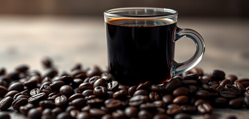 Black Coffee in Glass Cup with Roasted Beans