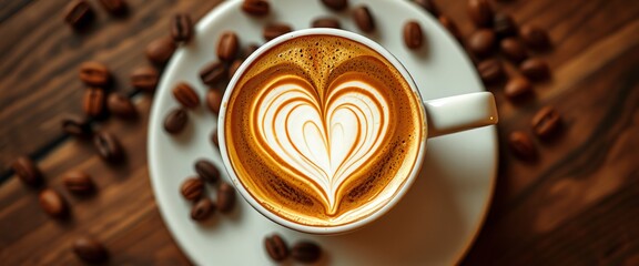 Close-up of Latte Art Coffee with Coffee Beans on Wooden Surface