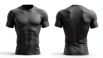 Detailed rashguard mockup template with high-quality texture and stitching details, front and back views isolated on white.