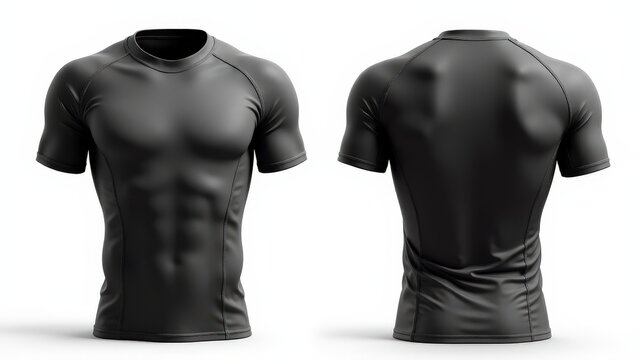 Detailed rashguard mockup template with high-quality texture and stitching details, front and back views isolated on white.