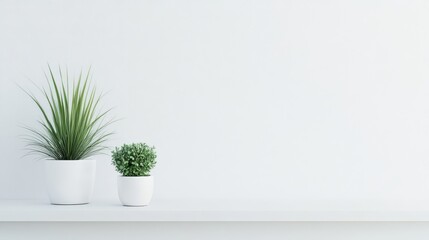 Fototapeta premium Minimalist Plant Life: A serene composition of two potted plants, their verdant foliage contrasting against the clean lines of a white shelf, evokes tranquility and brings a touch of nature indoors. 