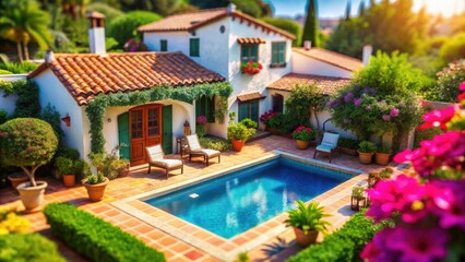 Fototapeta premium Mediterranean Villa with Pool and Lush Garden - Stunning Tilt-Shift Photography for Luxury Home Decor and Vacation Inspiration