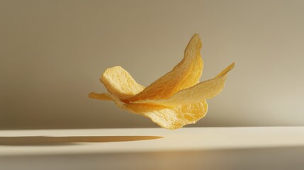 Fototapeta premium Potato Chip in Flight: A single, delicately curled potato chip floats gracefully against a minimalist beige background, capturing the essence of lightness and crispness.
