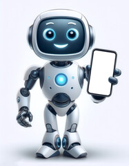 AI robot holding phone and showing on white screen of phone with smile and happy feeling on white