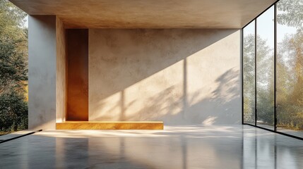 Fototapeta premium Sunlit Minimalist Interior: A serene and modern space, bathed in warm sunlight streaming through expansive glass walls, features a polished concrete floor and a minimalist wooden bench.