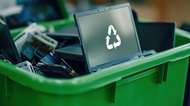 A pile of laptops in a green recycling bin, with a clear recycling logo in focus, highlighting the importance of e-waste recycling