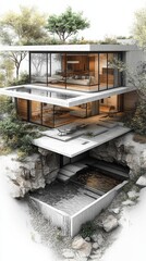 Modern Cliffside Villa: A stunning architectural rendering of a contemporary home seamlessly integrated into a cliffside landscape.