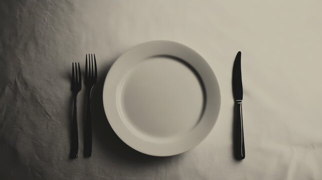 Empty Plate: A Minimalist Still Life of a solitary plate, fork, and knife set against a textured background. The image evokes a sense of anticipation and reflection.