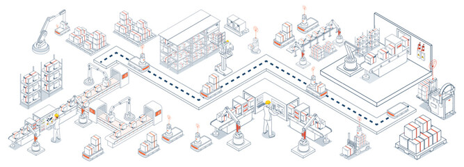 Smart warehouse automation systems featuring autonomous robots and AGVs optimize material handling through sensor-equipped navigation and intelligent item processing. Vector illustration EPS 10
