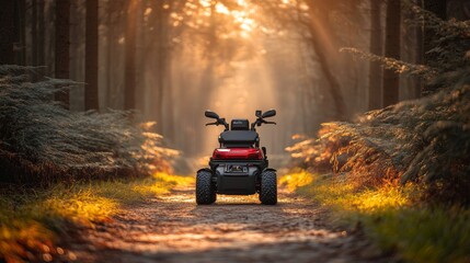 Red Mobility Scooter Conquers a Sun-Kissed Woodland Trail, Embracing Freedom During Golden Hour