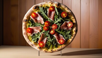 Delicious pizza in a glass bowl with fresh ingredients like tomato, cheese, basil, and vegetables, served as a healthy meal or appetizer