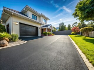 Fototapeta premium Modern Minimalist Newly Paved Asphalt Driveway for Home Improvement, Clean Lines and Fresh Surface, Ideal for Contemporary Landscapes