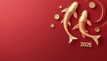 New year chinese style. luxury gold koi carp fish on red chinese background with copy space