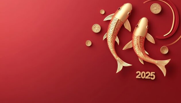 New year chinese style. luxury gold koi carp fish on red chinese background with copy space
