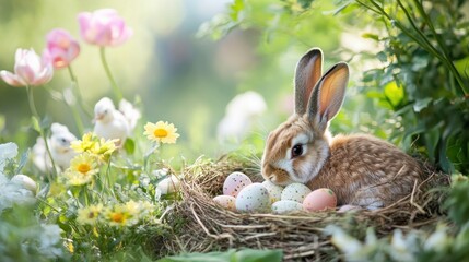 A serene countryside setting with a fluffy rabbit resting near a nest of chicks and Easter eggs, framed by vibrant spring flowers and lush greenery