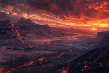 Fototapeta premium A Volcanic Landscape at Sunset with Glowing Lava Streams
