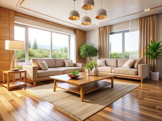 Fototapeta premium Modern Wooden Living Room Table in a Minimalist Setting - Authentic, Wide Angle Shot for Contemporary Interior Design Inspiration