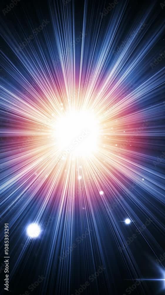 Poster bright, multicolored rays emanate from a central point of intense light, extending across a dark bac