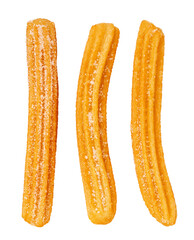 Churros isolated on white.  Fried churros with sugar cristals top view. Traditional Spanish dessert. Flat lay. Collection