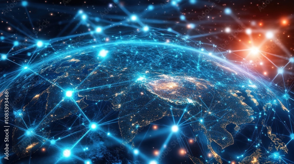 Poster digital representation of earth connected by a network of glowing lines and nodes.