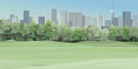 Obraz premium Public park with grass field in the city have skyscrapers and blue sky background graphic illustration.