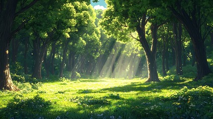 Obraz premium A beautiful forest panorama with tall trees and sunset background