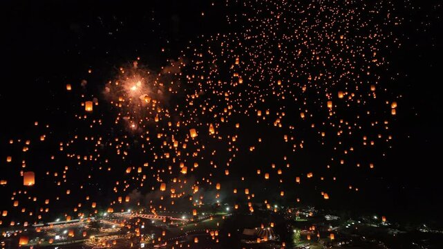 Thai tradition lanna Lantern on Yeepeng Festival with firework, Flying sky tradition Thai Lanna Lantern on Yeepeng festival, Loy Krathong Festival or Yeepeng Festival with light Lanna paper lantern an