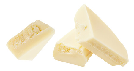 White chocolate bar with pieces isolated on white background. Delisious white Chocolate macro.