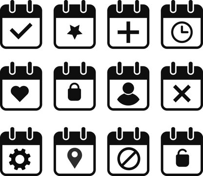 Set of calendar symbols. calender icon with chekmark and plus mark. Schedule icon symbol

