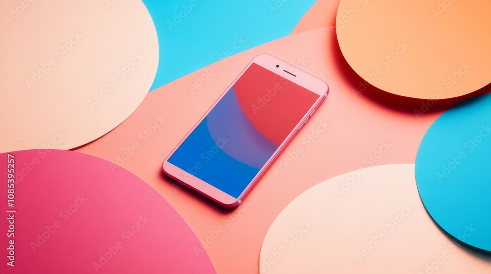 Poster pink smartphone on abstract background: a modern pink smartphone with a colorful, abstract design re