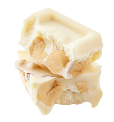 White chocolate bar with pieces isolated on white background. Hazelnuts white Chocolate in a stack close up.