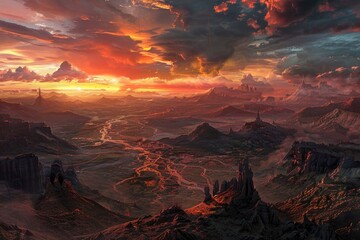 A fiery sunset over a vast, volcanic landscape with jagged rock formations.