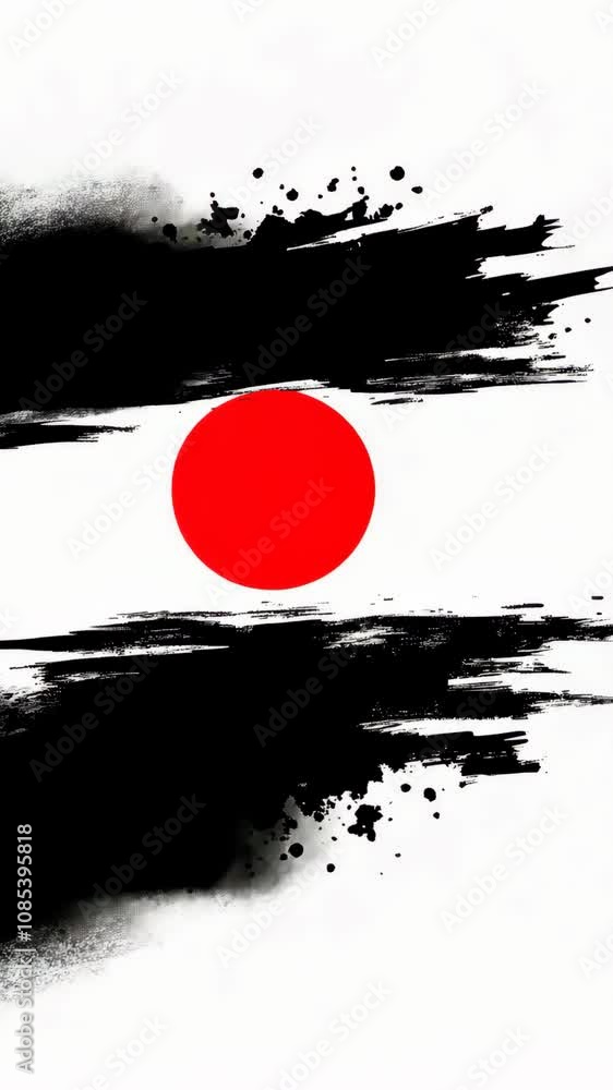 Poster bold black brushstrokes create a dynamic frame around a central, vibrant red circle set against a st