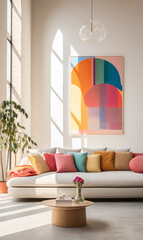 Modern Living Room Interior White Sofa Colorful Pillows Abstract Art