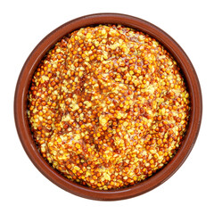 Dijon mustard  sauce in a bowl   Isolated on white. Yellow Traditional Grainy French Mustard sauce...