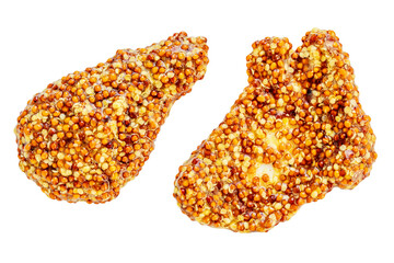 Dijon mustard smears  Isolated on white. Yellow Traditional French Mustard sauce, spot top view. Flat lay