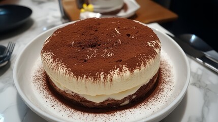 Decadent Tiramisu Cake: A delectable round cake, generously layered with creamy mascarpone and dusted with cocoa powder, sits on a marble table, ready to be enjoyed.