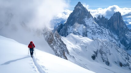 Conquering the Alpine Peaks: A lone hiker ascends a snow-covered mountain pass, the majestic peaks and misty clouds forming a breathtaking backdrop.